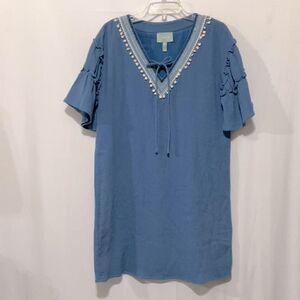 SKIES are Blue shift dress embroidery detail Vneck ruffled sleeves lined women S